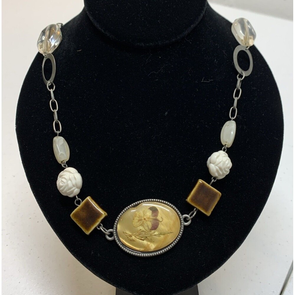 Statement Beaded Necklace Cream White Brown Resin Stone MOP Floral Inlay